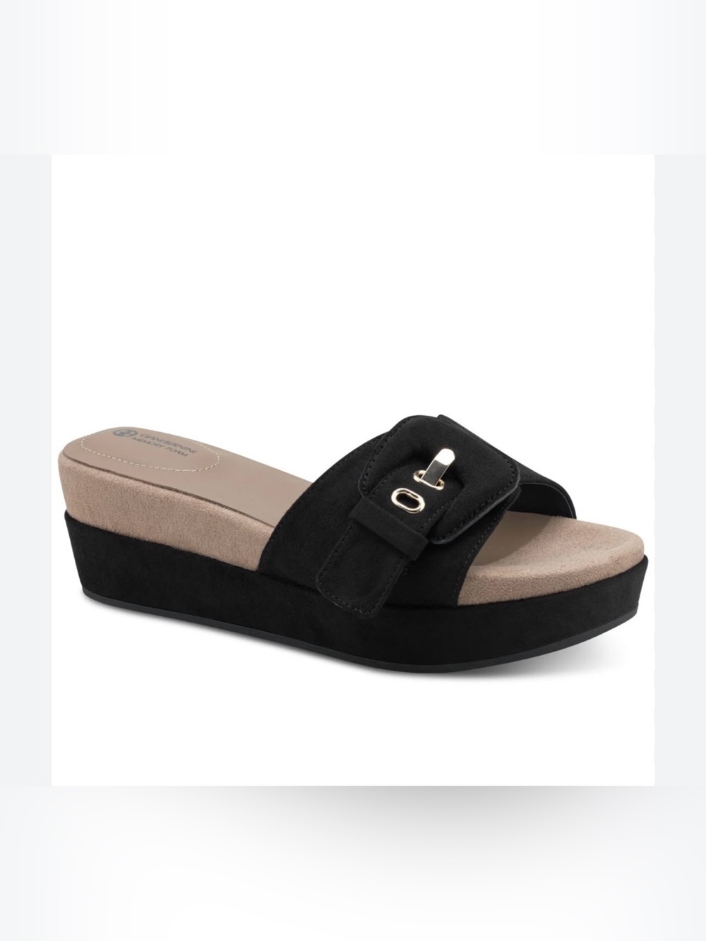 Giani Bernini black suede platform slide sandals with a cushioned tan insole